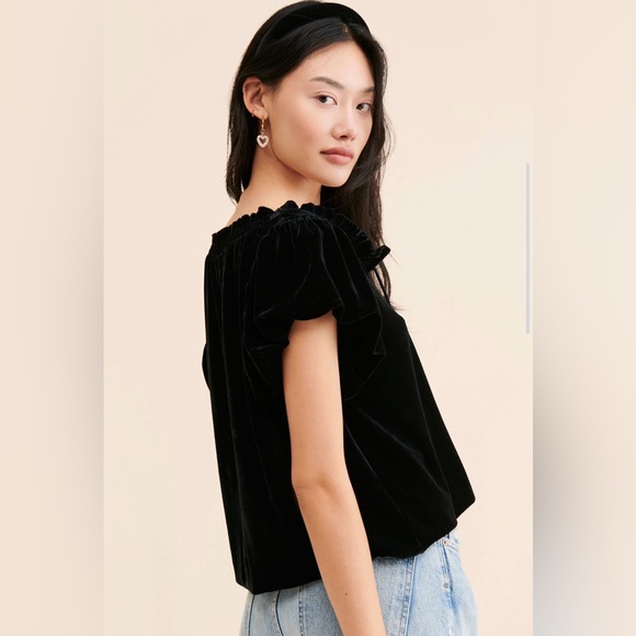 Free People Terese Velvet Top, Black Puff Short Sleeve Blouse, Size Medium - Picture 2 of 6